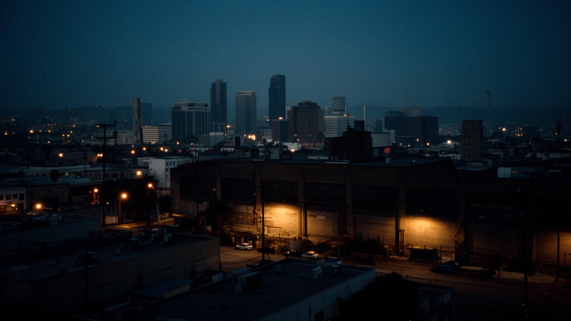 Cinematic dusk view of downtown Los Angeles industrial district